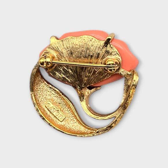 Vintage Avon Coral Rose Flower Brooch Gold Tone with Leaf Accent - Picture 5 of 6